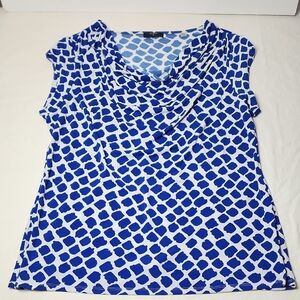 Tahari T Blue White Patterned Women's Size XL Top Cap Sleeve Cowl Neck
